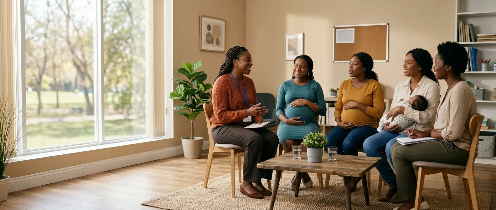 A Mama Companion® leading a prenatal and postpartum education circle with expecting and new mothers at a community center