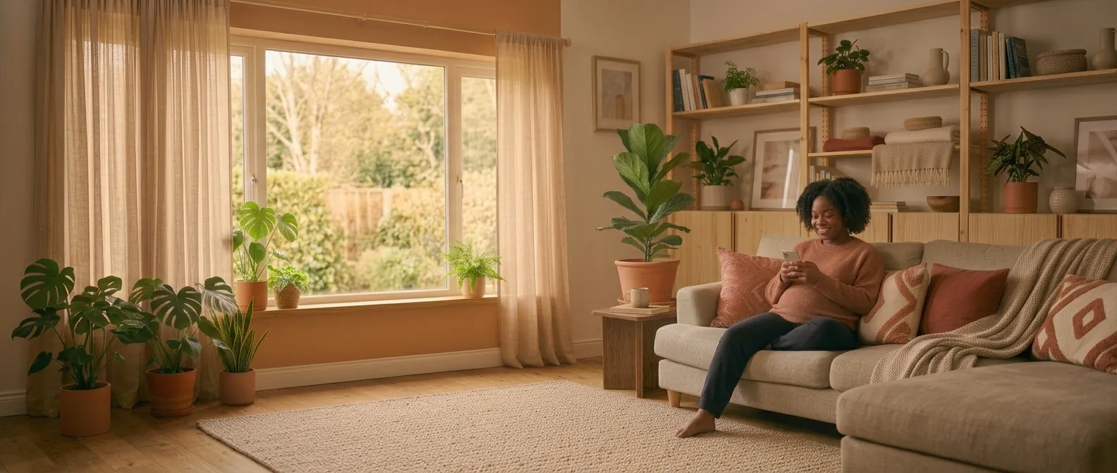 A pregnant mother relaxing on her living room sofa, smiling as she checks her coverage on her phone