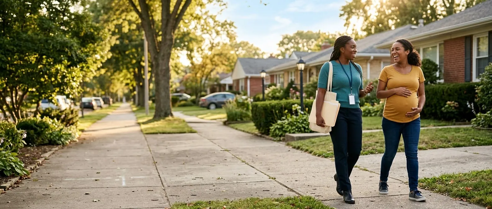 A Mama Companion® and a pregnant mother laughing together as they walk down a tree-lined sidewalk in her neighborhood