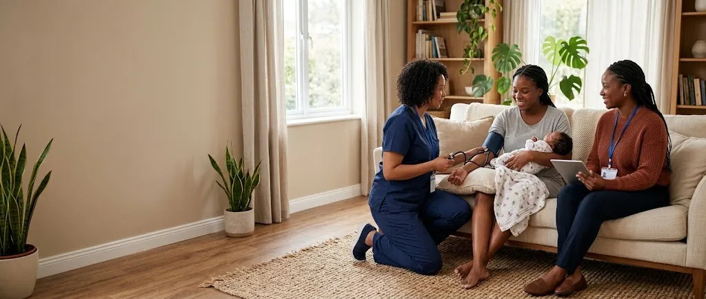 A postpartum home visit: a midwife checks a new mother's blood pressure while she holds her newborn, as her Mama Companion® sits beside her with a tablet