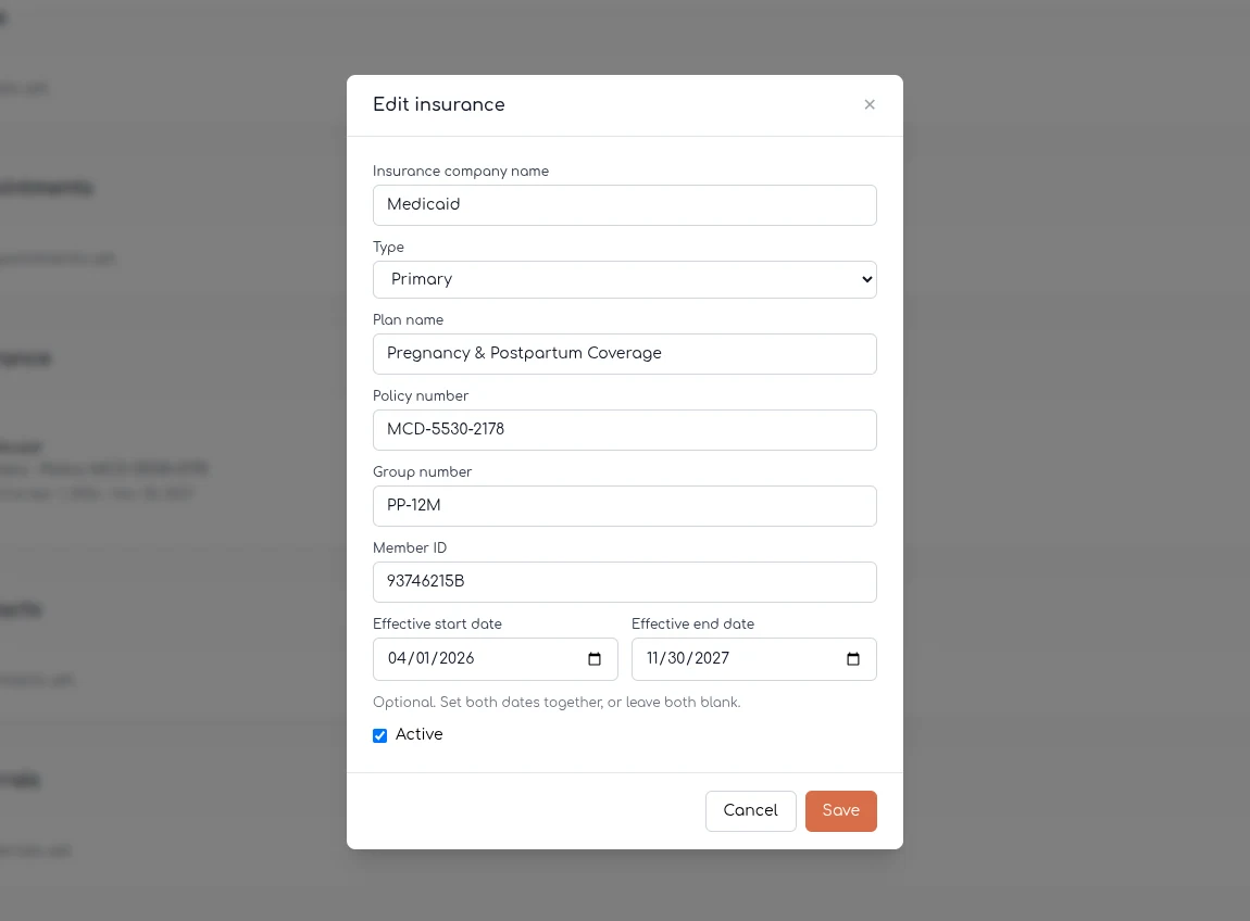 Edit insurance modal for a member's Medicaid pregnancy and postpartum coverage, effective April 2026 through November 2027, 12 months after her due date