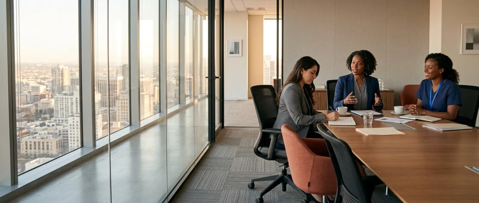 A health plan executive, a Wolomi partnerships lead, and a midwife meeting around a conference table in a high-rise office